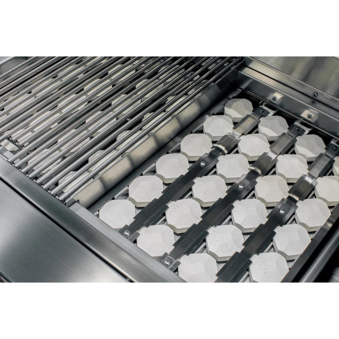 American Made Grills Alturi gas grill stainless steel cooking grates above ceramic briquette heat distribution system