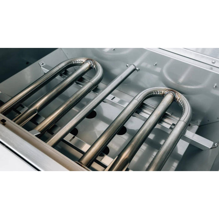 Heavy-duty stainless steel U-tube burners inside an American Made Grills Alturi built-in gas grill