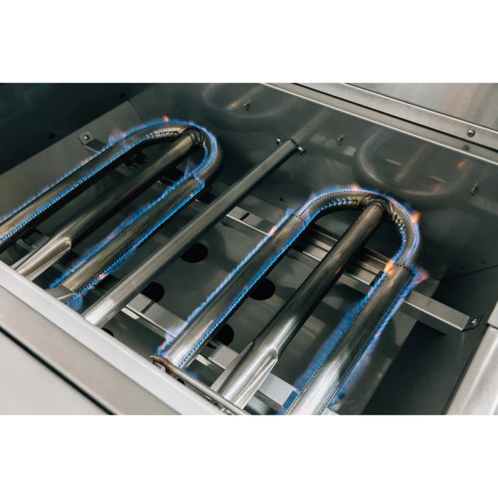 American Made Grills Alturi stainless steel U-tube burners operating with blue gas flames