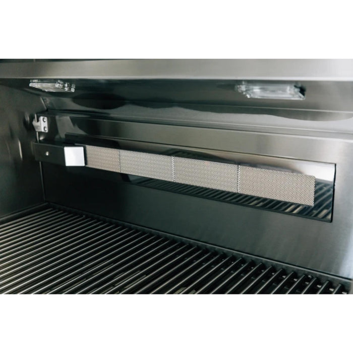 Close-up of infrared rear rotisserie burner inside an American Made Grills Alturi built-in gas grill