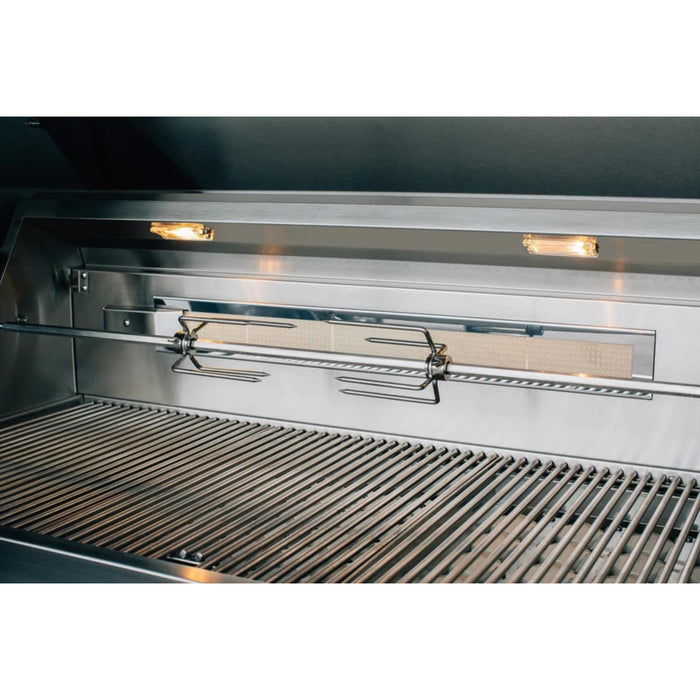 American Made Grills Alturi rotisserie system with infrared rear burner, interior cooking lights, and stainless steel grates