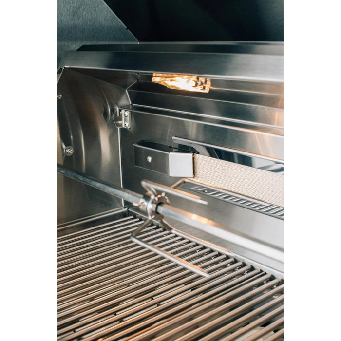 Close-up of rotisserie spit and infrared back burner inside an American Made Grills Alturi gas grill