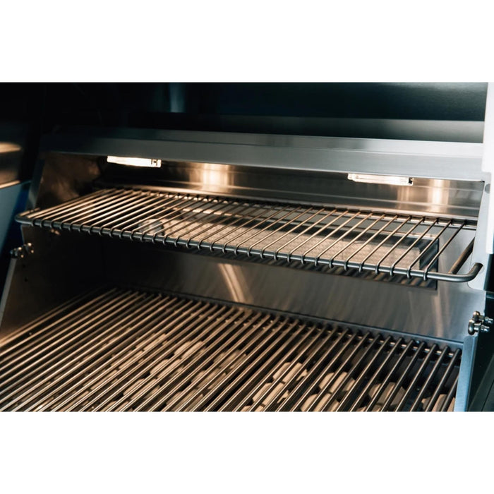 Two-position stainless steel warming rack and interior cooking lights on an American Made Grills Alturi gas grill