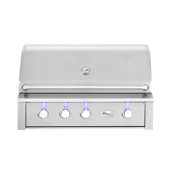 American Made Grills Alturi 42-inch built-in gas grill with stainless steel hood, temperature gauge, and illuminated control knobs.