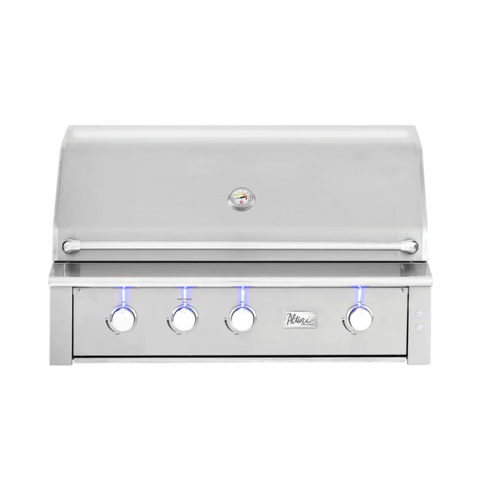 American Made Grills Alturi 42-inch built-in gas grill with stainless steel hood, temperature gauge, and illuminated control knobs.