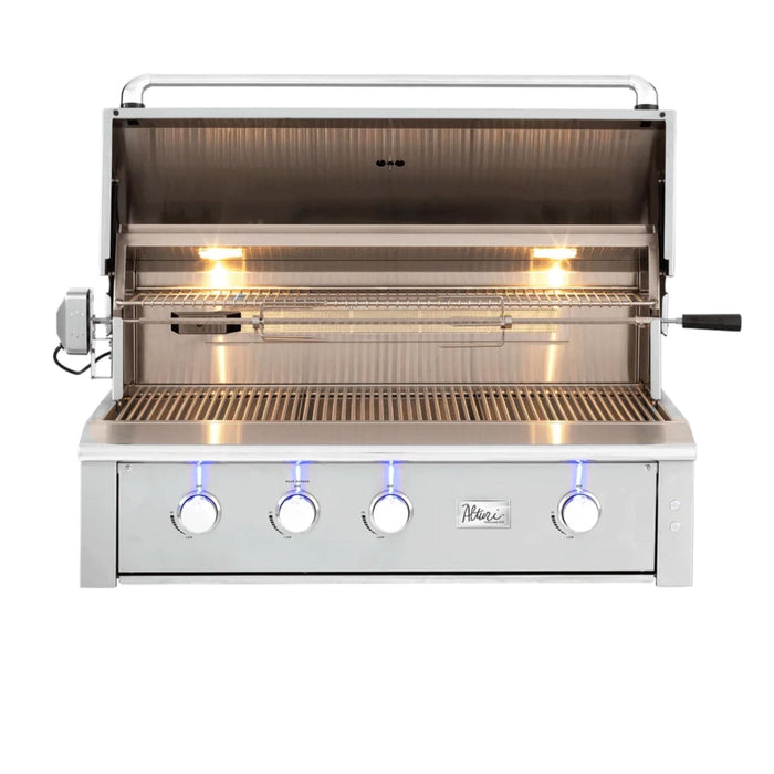 American Made Grills Alturi 42-inch built-in gas grill with open hood, interior cooking lights, stainless steel grates, warming rack, and rotisserie system.