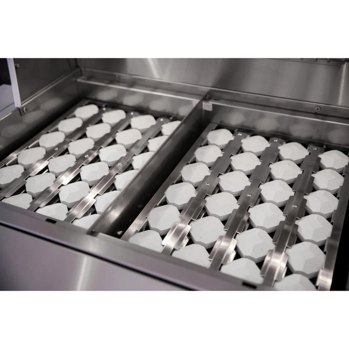 American Made Grills Alturi 42-inch built-in gas grill ceramic briquette system with heat-zone separators for even heat distribution and multi-zone cooking.