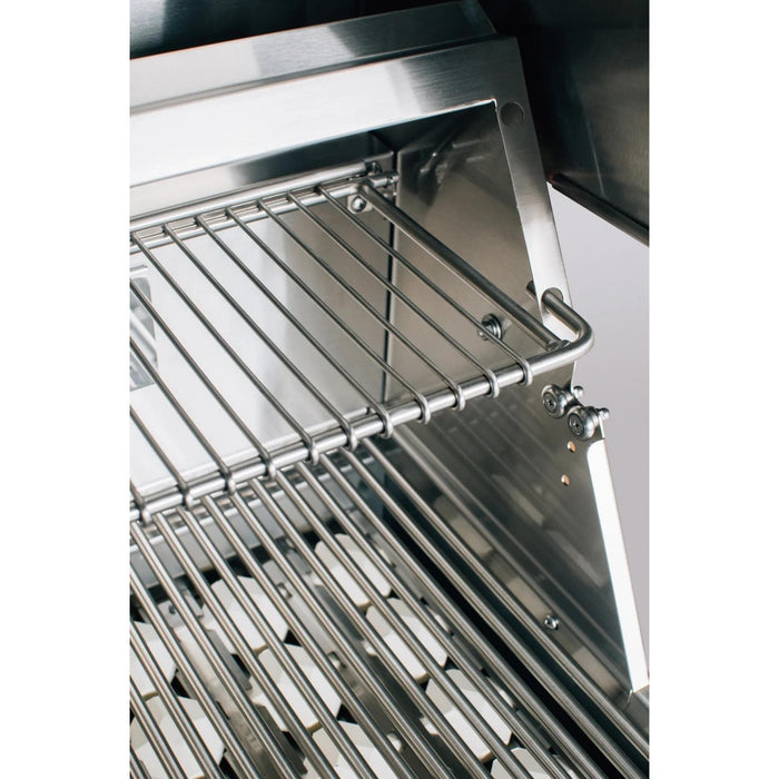 American Made Grills Alturi 42-inch built-in gas grill close-up showing the removable stainless steel warming rack above the cooking grates.