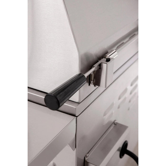 American Made Grills Alturi 42-inch built-in gas grill close-up showing the integrated rotisserie spit storage and stainless steel exterior.