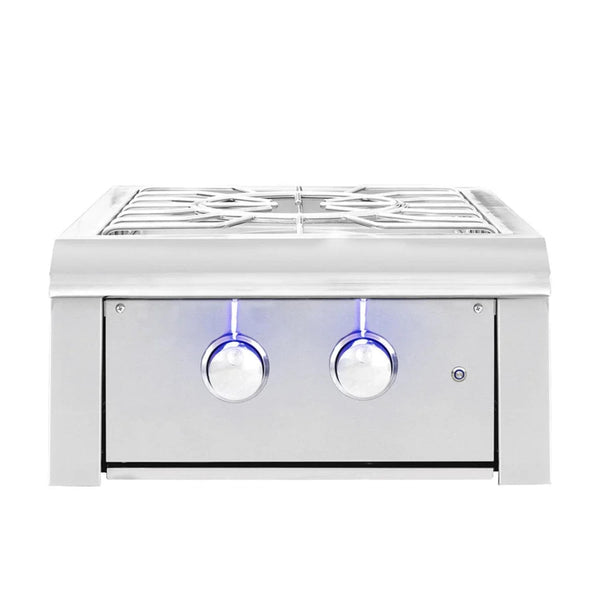 American Made Grills Alturi built-in power burner with stainless steel construction and blue LED-illuminated control knobs.
