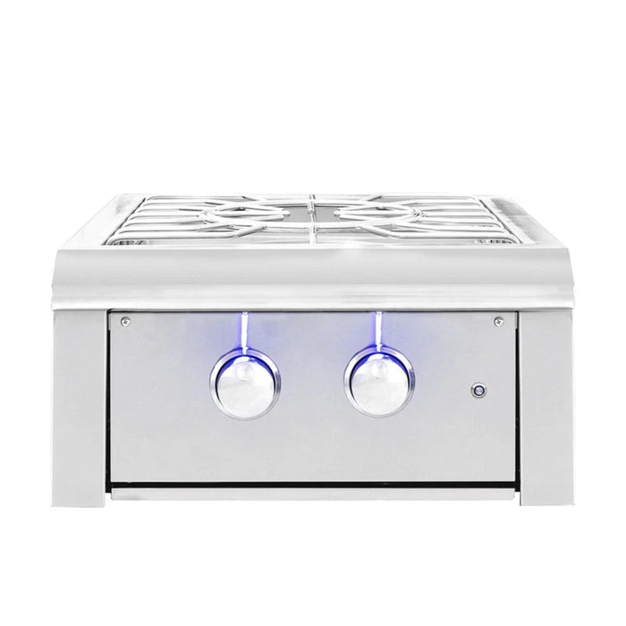 American Made Grills Alturi built-in power burner with stainless steel construction and blue LED-illuminated control knobs.