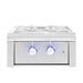 American Made Grills Alturi built-in power burner with stainless steel construction and blue LED-illuminated control knobs.