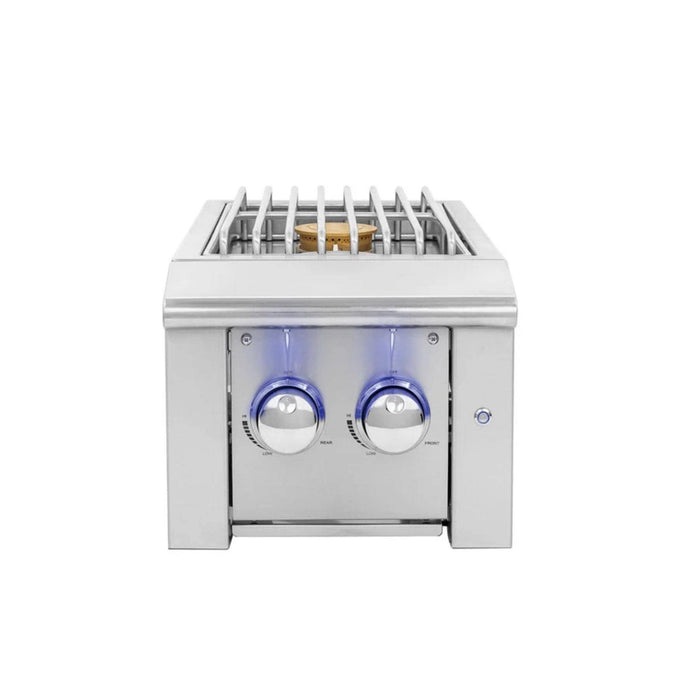 American Made Grills Alturi built-in double side burner with stainless steel construction and LED-illuminated control knobs.