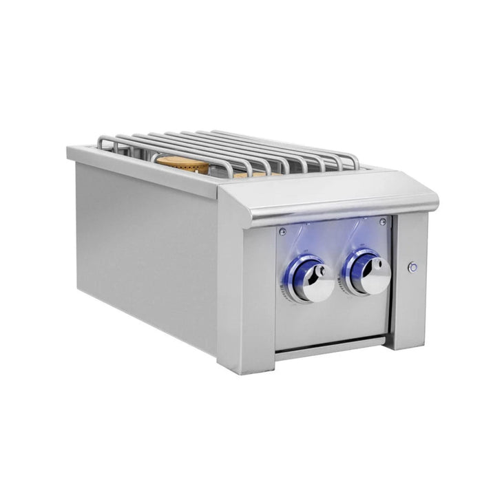 American Made Grills Alturi built-in double side burner with stainless steel cooking grate and blue LED-illuminated control knobs.