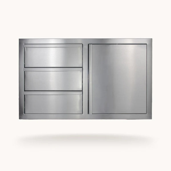 American Made Grills 36-inch stainless steel outdoor kitchen storage combo with three drawers and single access door.