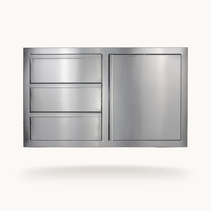 American Made Grills 36-inch stainless steel outdoor kitchen storage combo with three drawers and single access door.