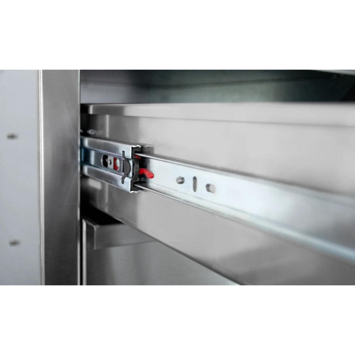 Close-up of American Made Grills 18-inch double drawer smooth-glide stainless steel drawer slide mechanism