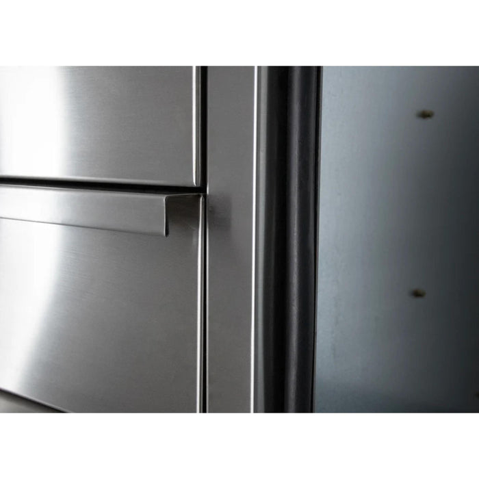 Close-up of the stainless steel drawer front and protective gasket on the American Made Grills 18-inch Deluxe 3-Drawer outdoor kitchen storage system