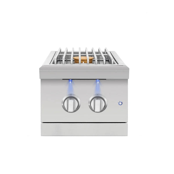 American Made Grills Encore built-in double side burner with stainless steel construction, dual control knobs, LED lighting, and open cooking surface.