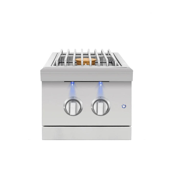American Made Grills Encore built-in double side burner with stainless steel construction, dual control knobs, LED lighting, and open cooking surface.