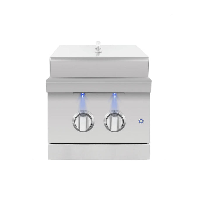American Made Grills Encore double side burner with stainless steel protective lid closed and illuminated LED control knobs.