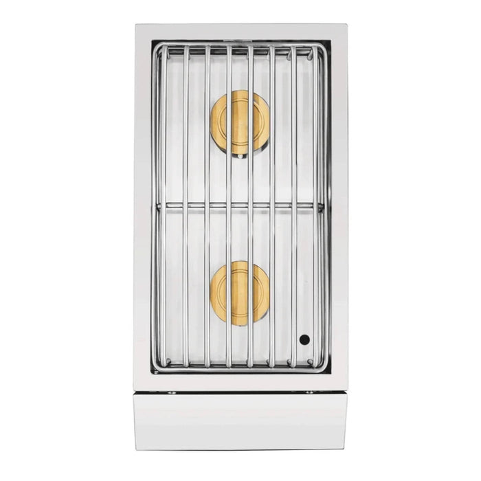 Top view of American Made Grills Encore built-in double side burner showing two brass burners beneath the stainless steel cooking grate.