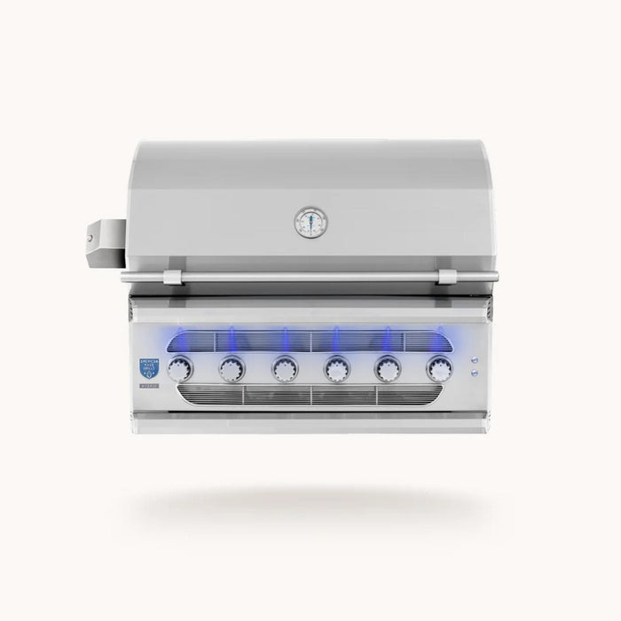 American Made Grills Muscle 42-inch built-in hybrid grill with six control knobs, stainless steel construction, temperature gauge, and LED lighting.