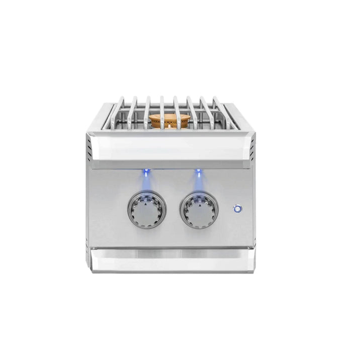 American Made Grills Muscle Double Side Burner with stainless steel cooking grate, brass burner, and blue LED control knobs.