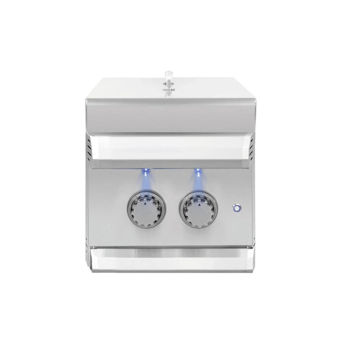 American Made Grills Muscle Double Side Burner with protective stainless steel lid closed and blue LED control knobs illuminated.
