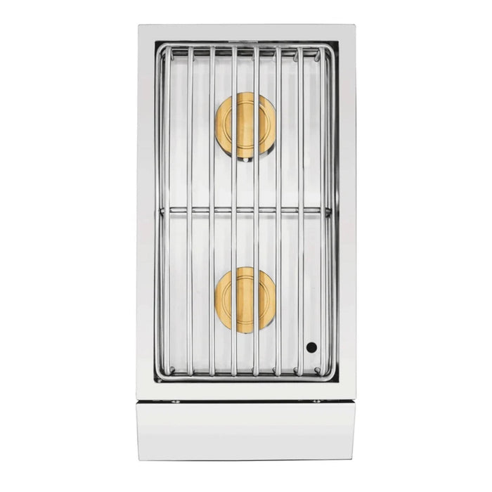 Top view of American Made Grills Muscle Double Side Burner showing dual brass burners and stainless steel cooking grate.