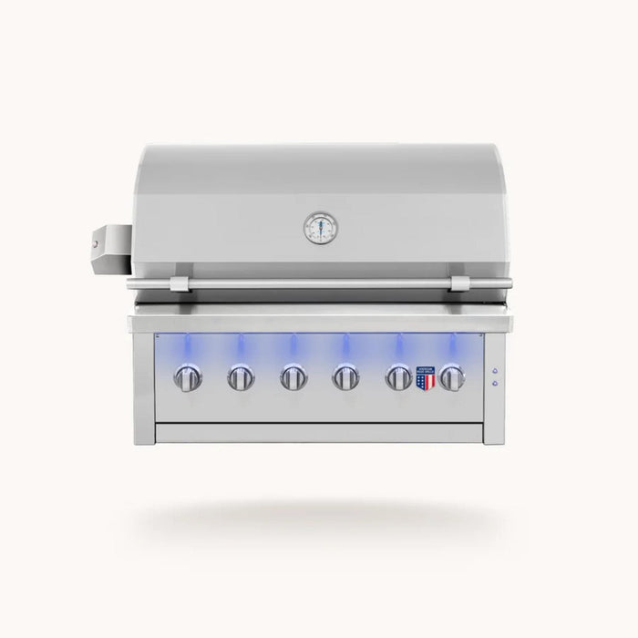 American Made Grills Ovation 36-inch built-in hybrid grill in stainless steel with illuminated control knobs and integrated hood thermometer