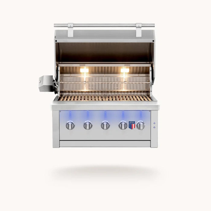 American Made Grills Ovation 36-inch built-in hybrid grill with open hood, illuminated cooking surface, stainless steel grates, warming rack, and LED control knobs