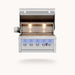 American Made Grills Ovation 36-inch built-in hybrid grill with open hood, illuminated cooking surface, stainless steel grates, warming rack, and LED control knobs