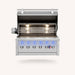 American Made Grills Ovation 42-inch hybrid built-in grill with open hood, stainless steel cooking grates, rotisserie, interior lights, and LED controls.