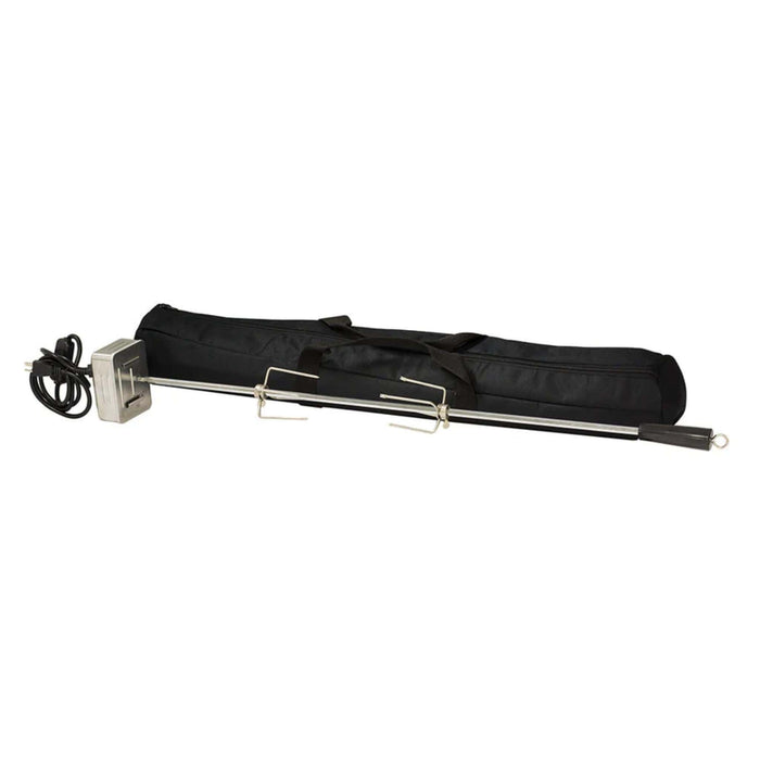 American Made Grills Alturi 42-inch rotisserie kit with stainless steel motor, spit rod, rotisserie forks, handle, and black storage bag.