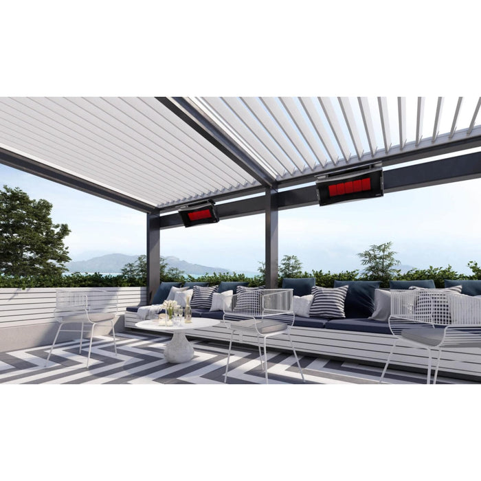 Two Bromic Platinum Smart-Heat gas patio heaters installed beneath a modern pergola, providing radiant heating above a luxury outdoor seating area.