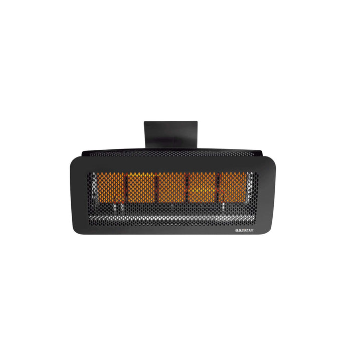 Bromic Tungsten 500 Series Smart-Heat black gas radiant patio heater with five glowing ceramic burners, front view