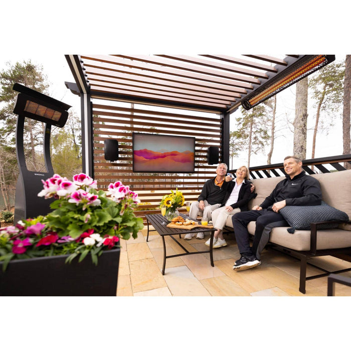 Bromic Tungsten Smart-Heat outdoor radiant heater mounted beneath a modern pergola above a patio lounge seating area