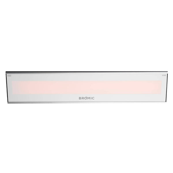 Bromic Platinum White 2300W Smart-Heat Electric Patio Heater with sleek white finish, tinted glass-ceramic fascia, and infrared heating element, front view.
