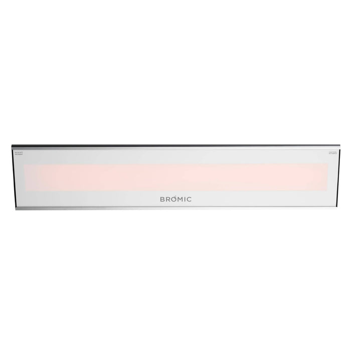 Bromic Platinum White 2300W Smart-Heat Electric Patio Heater with sleek white finish, tinted glass-ceramic fascia, and infrared heating element, front view.