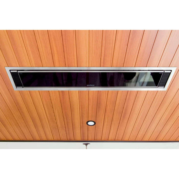 Close-up of Bromic Platinum Smart-Heat electric radiant heater recessed into a wood-paneled patio ceiling