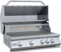 Stainless steel built-in gas grill with four control knobs, infrared back burner, spacious grilling surface, and open hood for outdoor kitchens