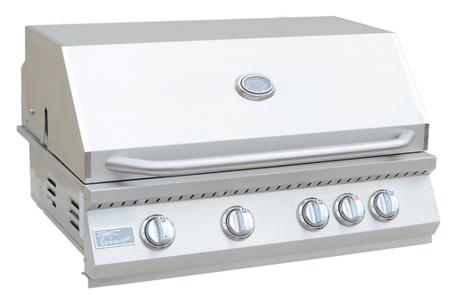 Built-in stainless steel gas grill with closed lid, four control knobs, temperature gauge, and sturdy handle, made for outdoor kitchens and BBQs