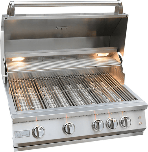 A stainless steel built-in gas grill with four control knobs, illuminated LED lights, oven lights, grilling grates, and a warming rack