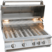 A stainless steel built-in gas grill with four control knobs, illuminated LED lights, oven lights, grilling grates, and a warming rack