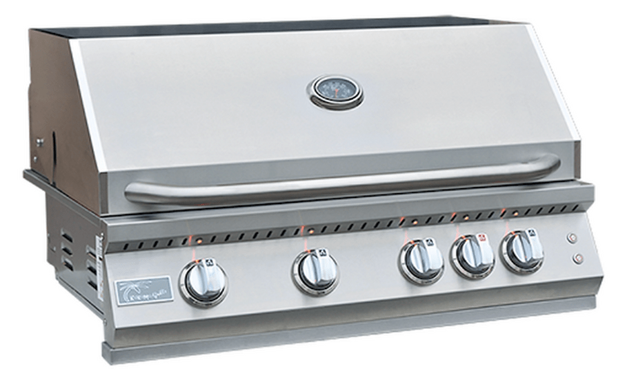 A stainless steel built-in gas grill with a closed lid, a temperature gauge, four control knobs with LED lights, and a sleek design