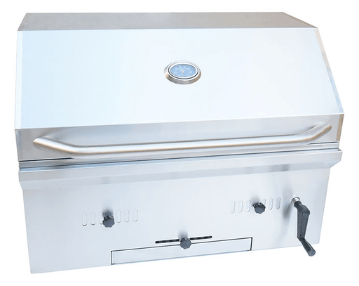 Closed stainless steel built-in charcoal grill with a thermometer on the lid, sleek handle, and adjustable controls for optimal grilling