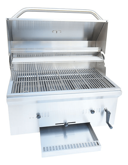 Stainless steel built-in charcoal grill with open lid, spacious grilling surface, pull-out ash tool, and adjustable controls for precise cooking