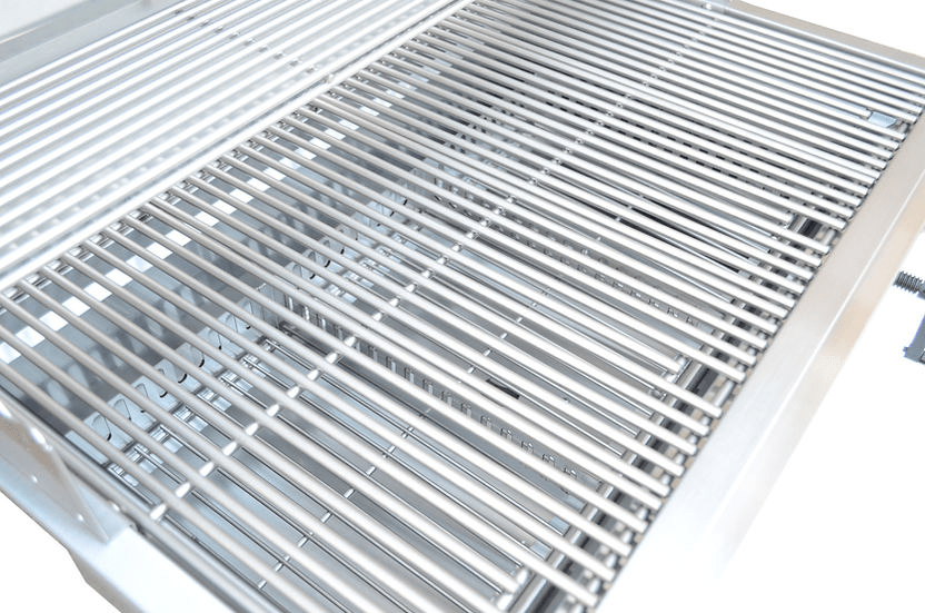 Close-up view of stainless steel grilling grates, showcasing a spacious and durable cooking surface designed for even heat distribution