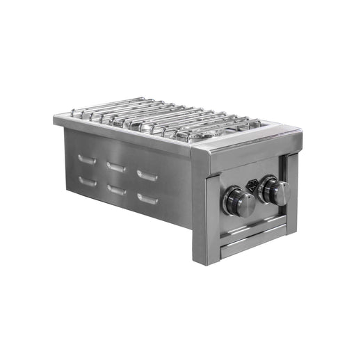 Stainless steel double side burner for outdoor kitchens with dual control knobs and sleek design, ideal for versatile outdoor cooking